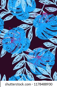Tropical seamless ethnic pattern with exotic leaves. Hawaiian floral design. Summer background for cards, invitations, apartments, wallpapers. Vector illustration.Neon tropical leaves.