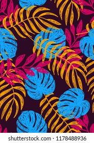 Tropical seamless ethnic pattern with exotic leaves. Hawaiian floral design. Summer background for cards, invitations, apartments, wallpapers. Vector illustration.Neon tropical leaves.