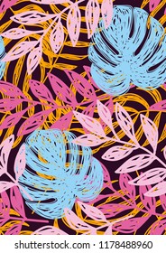 Tropical seamless ethnic pattern with exotic leaves. Hawaiian floral design. Summer background for cards, invitations, apartments, wallpapers. Vector illustration.Neon tropical leaves.