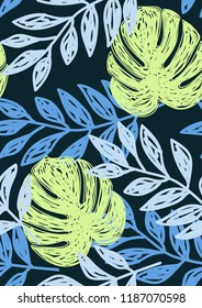 Tropical seamless ethnic pattern with exotic leaves. Hawaiian floral design. Summer background for cards, invitations, apartments, wallpapers. Vector illustration.