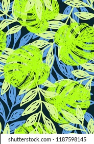 Tropical seamless ethnic pattern with exotic leaves. Hawaiian floral design. Summer background for cards, invitations, apartments, wallpapers. Vector illustration.