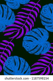 Tropical seamless ethnic pattern with exotic leaves. Hawaiian floral design. Summer background for cards, invitations, apartments, wallpapers. Vector illustration.