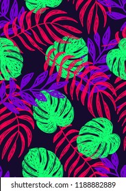 Tropical seamless ethnic pattern with exotic leaves. Hawaiian floral design. Summer background for cards, invitations, apartments, wallpapers. Vector illustration.