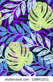 Tropical seamless ethnic pattern with exotic leaves. Hawaiian floral design. Summer background for cards, invitations, apartments, wallpapers. Vector illustration.