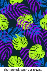 Tropical seamless ethnic pattern with exotic leaves. Hawaiian floral design. Summer background for cards, invitations, apartments, wallpapers. Vector illustration.