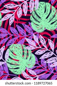 Tropical seamless ethnic pattern with exotic leaves. Hawaiian floral design. Summer background for cards, invitations, apartments, wallpapers. Vector illustration.