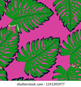 Tropical seamless ethnic pattern with exotic leaves. Hawaiian floral design. Summer background for cards, invitations, apartments, wallpapers. Vector illustration.