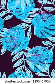 Tropical seamless ethnic pattern with exotic leaves. Hawaiian floral design. Summer background for cards, invitations, apartments, wallpapers. Vector illustration.