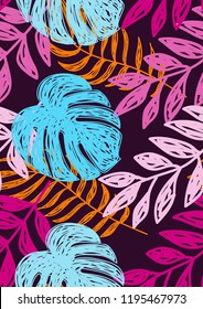 Tropical seamless ethnic pattern with exotic leaves. Hawaiian floral design. Summer background for cards, invitations, apartments, wallpapers. Vector illustration.