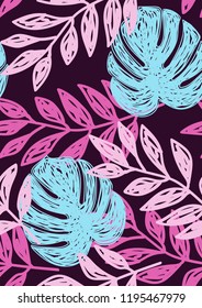 Tropical seamless ethnic pattern with exotic leaves. Hawaiian floral design. Summer background for cards, invitations, apartments, wallpapers. Vector illustration.