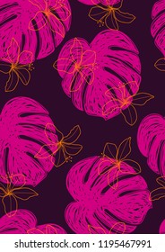 Tropical seamless ethnic pattern with exotic leaves. Hawaiian floral design. Summer background for cards, invitations, apartments, wallpapers. Vector illustration.