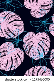 Tropical seamless ethnic pattern with exotic leaves. Hawaiian floral design. Summer background for cards, invitations, apartments, wallpapers. Vector illustration.