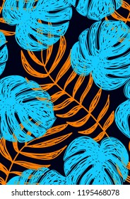 Tropical seamless ethnic pattern with exotic leaves. Hawaiian floral design. Summer background for cards, invitations, apartments, wallpapers. Vector illustration.