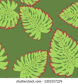 Tropical seamless ethnic pattern with exotic leaves. Hawaiian floral design. Summer background for cards, invitations, apartments, wallpapers. Vector illustration.Monstera.