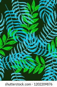 Tropical seamless ethnic pattern with exotic leaves. Hawaiian floral design. Summer background for cards, invitations, apartments, wallpapers. Vector illustration.