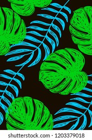 Tropical seamless ethnic pattern with exotic leaves. Hawaiian floral design. Summer background for cards, invitations, apartments, wallpapers. Vector illustration.