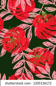 Tropical seamless ethnic pattern with exotic leaves. Hawaiian floral design. Summer background for cards, invitations, apartments, wallpapers. Vector illustration.Neon tropical leaves.