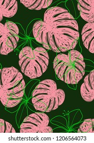 Tropical seamless ethnic pattern with exotic leaves. Hawaiian floral design. Summer background for cards, invitations, apartments, wallpapers. Vector illustration.Neon tropical leaves.