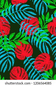 Tropical seamless ethnic pattern with exotic leaves. Hawaiian floral design. Summer background for cards, invitations, apartments, wallpapers. Vector illustration.Neon tropical leaves.