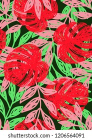 Tropical seamless ethnic pattern with exotic leaves. Hawaiian floral design. Summer background for cards, invitations, apartments, wallpapers. Vector illustration.Neon tropical leaves.