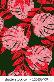 Tropical seamless ethnic pattern with exotic leaves. Hawaiian floral design. Summer background for cards, invitations, apartments, wallpapers. Vector illustration.Neon tropical leaves.