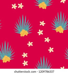 Tropical seamless ethnic pattern with exotic leaves and flowers. Hawaiian floral design. Summer background for cards, invitations, apartments, wallpapers. Vector. illustration. Hibiscus.
