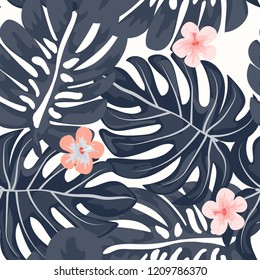 Tropical seamless ethnic pattern with exotic leaves and flowers. Hawaiian floral design. Summer background for cards, invitations, apartments, wallpapers. Vector. illustration. Hibiscus.