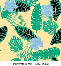 Tropical seamless ethnic pattern with exotic leaves and flowers. Hawaiian floral design. Summer background for cards, invitations, apartments, wallpapers. Vector. illustration. Hibiscus.