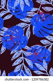 Tropical seamless ethnic pattern with exotic leaves. Hawaiian floral design. Summer background for cards, invitations, apartments, wallpapers. Vector illustration.