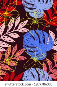 Tropical seamless ethnic pattern with exotic leaves. Hawaiian floral design. Summer background for cards, invitations, apartments, wallpapers. Vector illustration.
