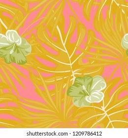 Tropical seamless ethnic pattern with exotic leaves and flowers. Hawaiian floral design. Summer background for cards, invitations, apartments, wallpapers. Vector. illustration. Hibiscus.
