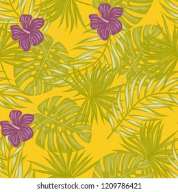 Tropical seamless ethnic pattern with exotic leaves and flowers. Hawaiian floral design. Summer background for cards, invitations, apartments, wallpapers. Vector. illustration. Hibiscus.