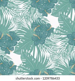 Tropical seamless ethnic pattern with exotic leaves and flowers. Hawaiian floral design. Summer background for cards, invitations, apartments, wallpapers. Vector. illustration. Hibiscus.