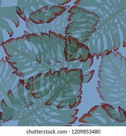 Tropical seamless ethnic pattern with exotic leaves. Hawaiian floral design. Summer background for cards, invitations, apartments, wallpapers. Vector illustration.