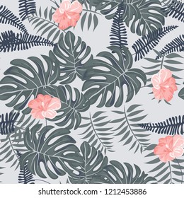 Tropical seamless ethnic pattern with exotic leaves and flowers. Hawaiian floral design. Summer background for cards, invitations, apartments, wallpapers. Vector. illustration. Hibiscus.
