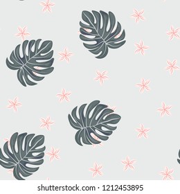 Tropical seamless ethnic pattern with exotic leaves and flowers. Hawaiian floral design. Summer background for cards, invitations, apartments, wallpapers. Vector. illustration. Hibiscus.