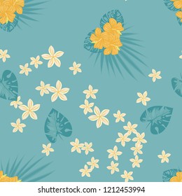 Tropical seamless ethnic pattern with exotic leaves and flowers. Hawaiian floral design. Summer background for cards, invitations, apartments, wallpapers. Vector. illustration. Hibiscus.