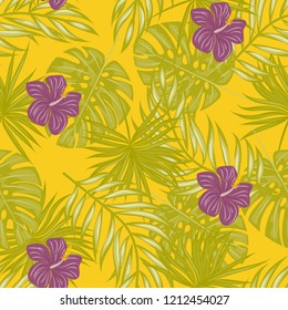 Tropical seamless ethnic pattern with exotic leaves and flowers. Hawaiian floral design. Summer background for cards, invitations, apartments, wallpapers. Vector. illustration. Hibiscus.