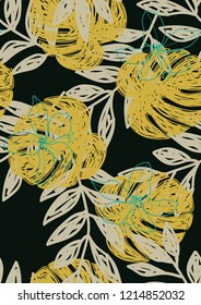 Tropical seamless ethnic pattern with exotic leaves. Hawaiian floral design. Summer background for cards, invitations, apartments, wallpapers. Vector illustration.