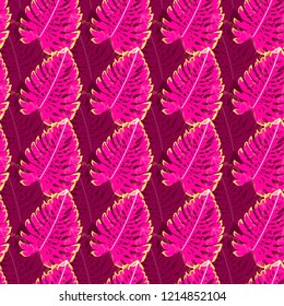 Tropical seamless ethnic pattern with exotic leaves. Hawaiian floral design. Summer background for cards, invitations, apartments, wallpapers. Vector illustration.