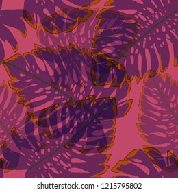 Tropical seamless ethnic pattern with exotic leaves. Hawaiian floral design. Summer background for cards, invitations, apartments, wallpapers. Vector illustration.