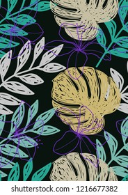 Tropical seamless ethnic pattern with exotic leaves. Hawaiian floral design. Summer background for cards, invitations, apartments, wallpapers. Vector illustration.