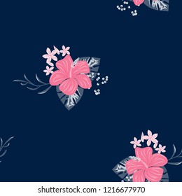 Tropical seamless ethnic pattern with exotic leaves and flowers. Hawaiian floral design. Summer background for cards, invitations, apartments, wallpapers. Vector. illustration. Hibiscus.