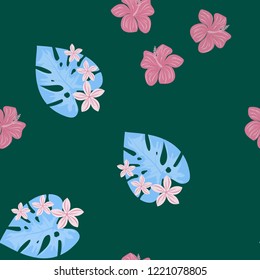 Tropical seamless ethnic pattern with exotic leaves and flowers. Hawaiian floral design. Summer background for cards, invitations, apartments, wallpapers. Vector. illustration. Hibiscus.