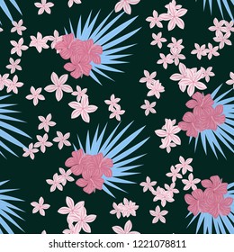 Tropical seamless ethnic pattern with exotic leaves and flowers. Hawaiian floral design. Summer background for cards, invitations, apartments, wallpapers. Vector. illustration. Hibiscus.