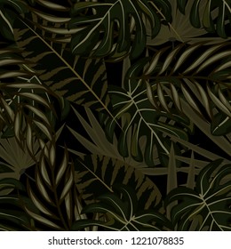 Tropical seamless ethnic pattern with exotic leaves. Hawaiian floral design. Summer background for cards, invitations, apartments, wallpapers. Vector illustration.