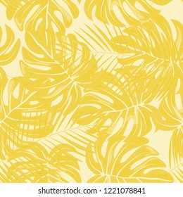 Tropical seamless ethnic pattern with exotic leaves. Hawaiian floral design. Summer background for cards, invitations, apartments, wallpapers. Vector illustration.