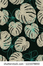 Tropical seamless ethnic pattern with exotic leaves and flowers. Hawaiian floral design. Summer background for cards, invitations, apartments, wallpapers. Vector. illustration. Hibiscus.