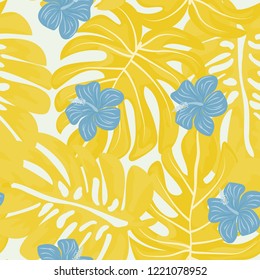 Tropical seamless ethnic pattern with exotic leaves and flowers. Hawaiian floral design. Summer background for cards, invitations, apartments, wallpapers. Vector. illustration. Hibiscus.