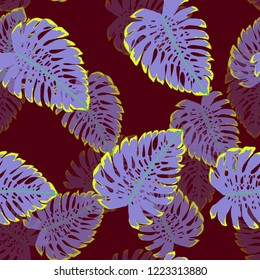 Tropical seamless ethnic pattern with exotic leaves. Hawaiian floral design. Summer background for cards, invitations, apartments, wallpapers. Vector illustration.